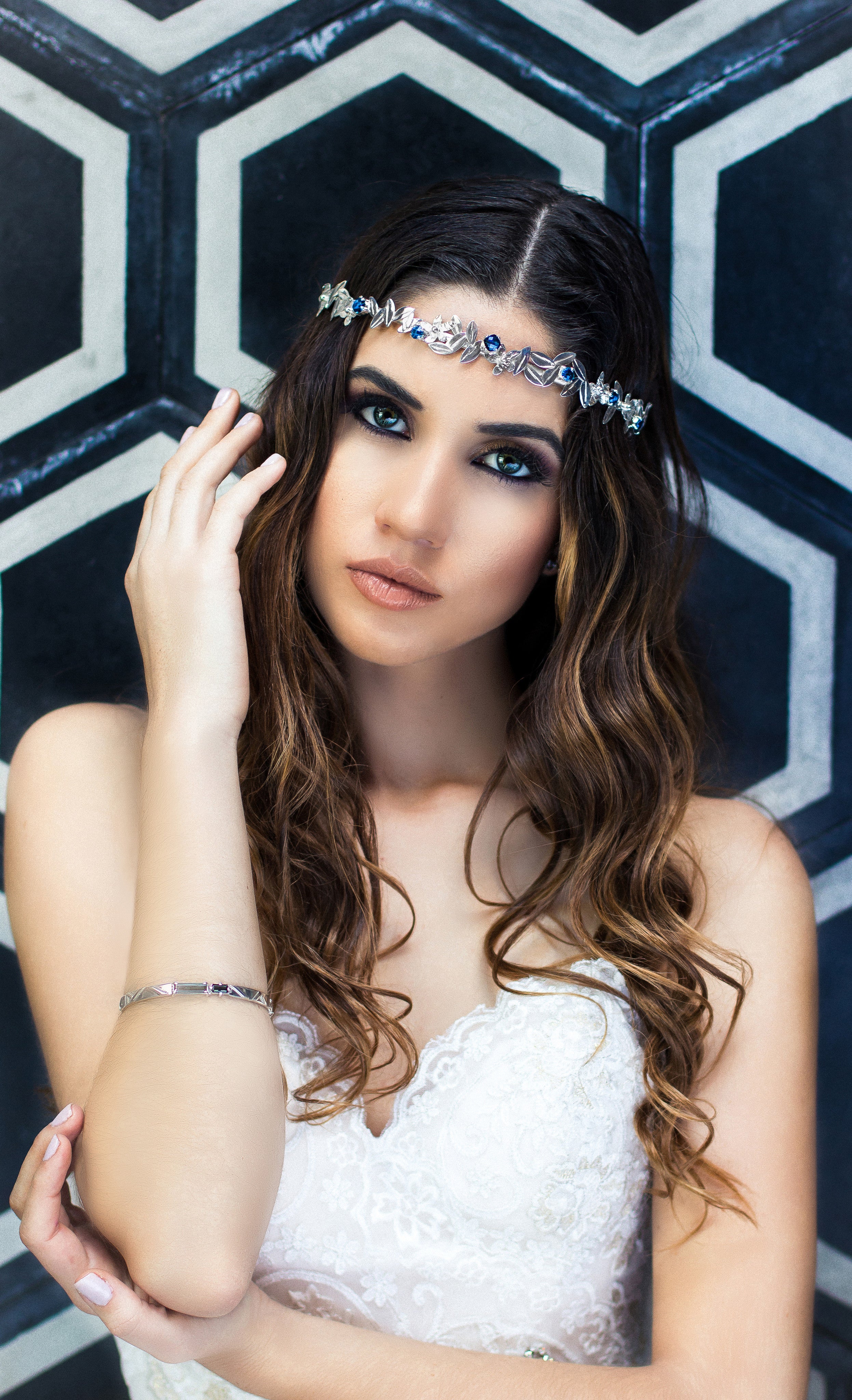 Silver 'Leaf' Tiara With London Blue Topaz - Custom Bridal Gowns, Wedding Dresses, Evening Wear Linda Asaf Design - Austin, TX Silver 'Leaf' Tiara With London Blue Topaz - Custom Bridal Gowns, Wedding Dresses, Evening Wear Linda Asaf Design - Austin, TX